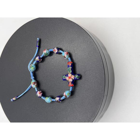 Handmade Cloisonne Blue Flower Beaded Bolo Adjustable Cross Bracelet - Picture 6 of 6
